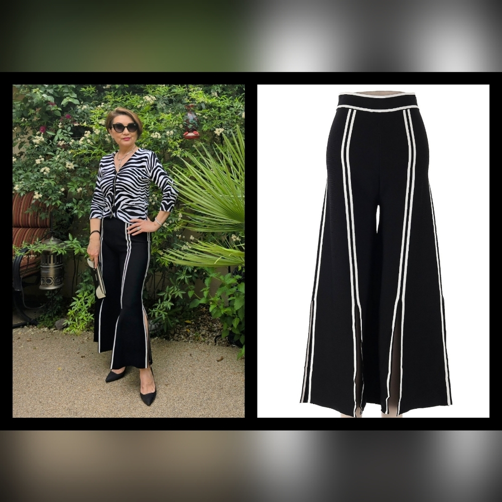 EUC Joseph Ribkoff Black High Rise Wide Leg Cropped Pants w/Stripes, Size S